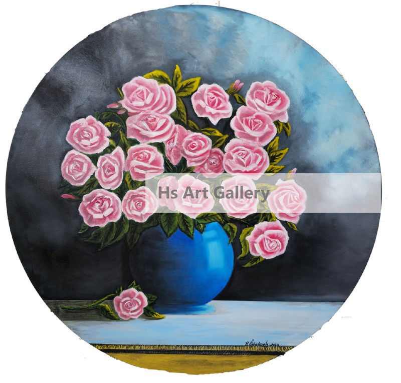 Pink Roses Blue Vase Oil Painting on Circle Canvas 