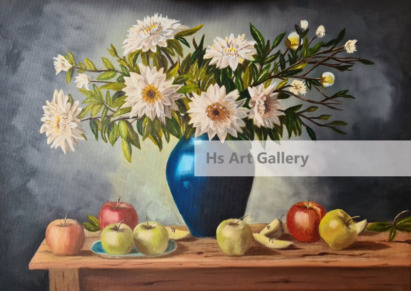 Flowers in Blue Vase and Fruits