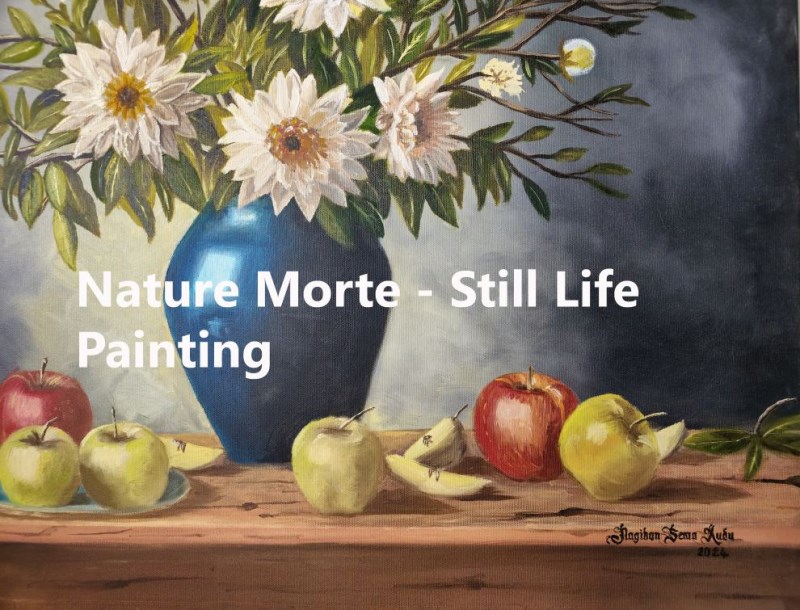 Painting of Flowers and Fruits with Blue Vase Nature Morte - Still Life Oil Painting